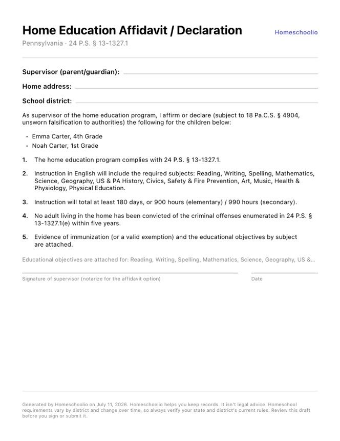 A Pennsylvania home education affidavit generated by Homeschoolio, citing 24 P.S. § 13-1327.1, listing two students and the required subjects